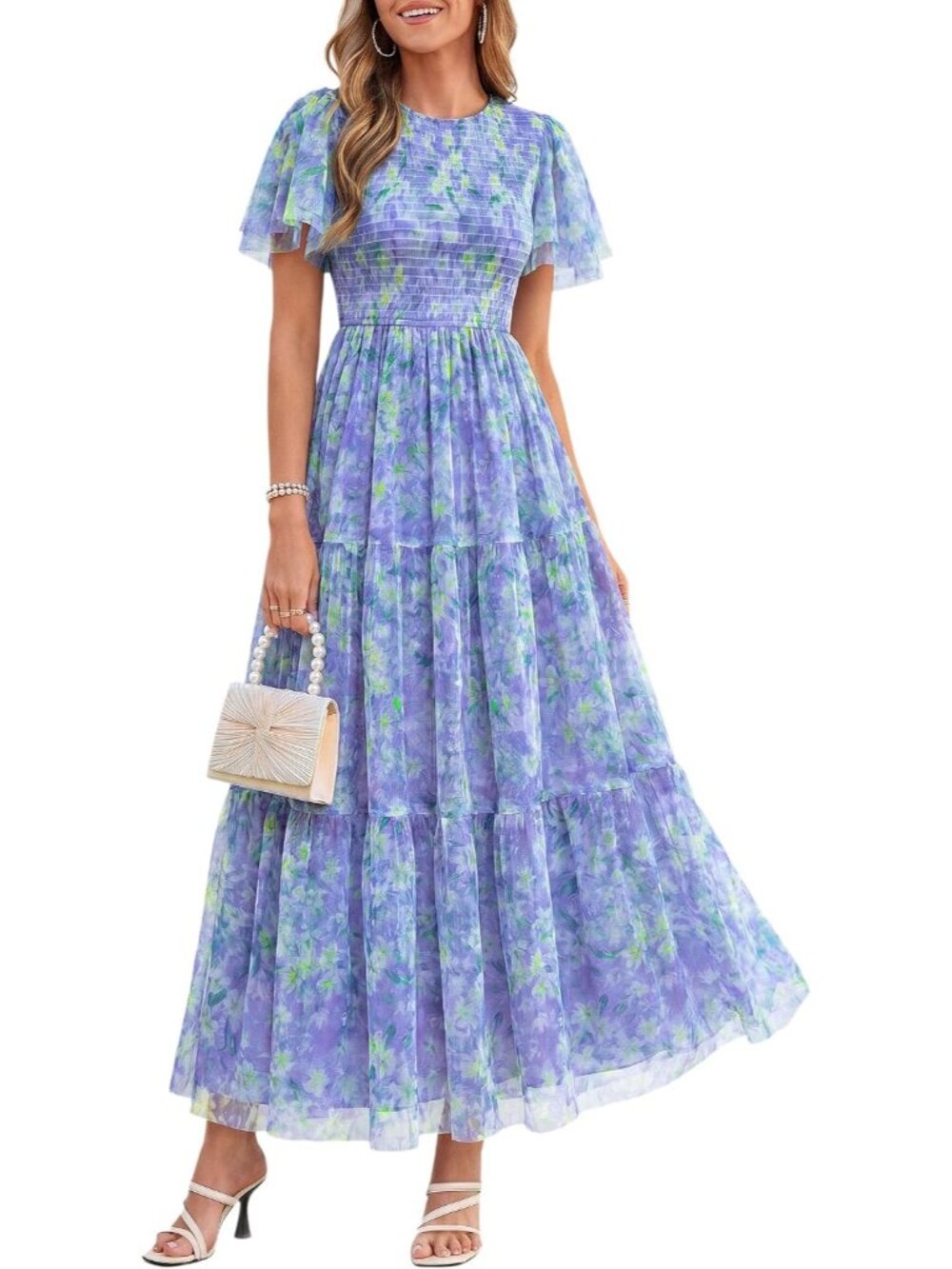 〽️Blue Purple Floral Maxi Dress Women’s Smocked Tiered A Line Boho Dress